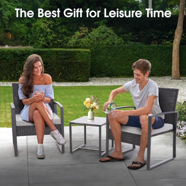 HYDRAGARDEN 3PCS Patio Furniture Set, Outdoor Wicker Bistro Conversation Set with Padded Cushions & Glass Table, Garden Rattan Chair Set for Porch Balcony Backyard (Plus Black Wicker & Grey Cushions) - Image 7