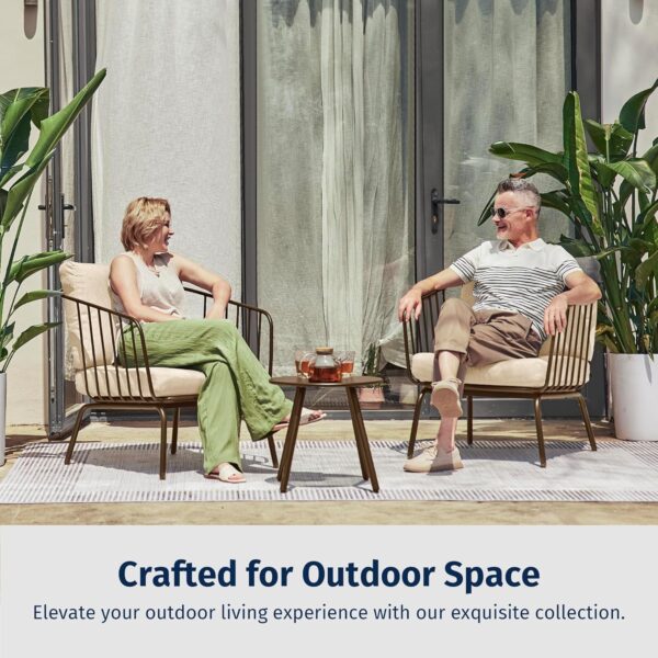 EAST OAK 3-Piece Plaza Patio Furniture Set, Outdoor Furniture with Thick Cushion Sofa and Coffee Table, Outdoor Bistro Set for 2, Small Space, Modern Patio Conversation Set for Balcony, Brown & Beige - Image 2