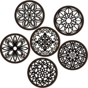 Ferraycle 6 Pieces Thicken Rustic Wall Decor Farmhouse Wall Art Decor Wooden Round Wall Art Rustic Hollow Carved Wall Art for Living Room Bedroom Kitchen Decor Small Size 9.8" x 9.8" (Black Brown)