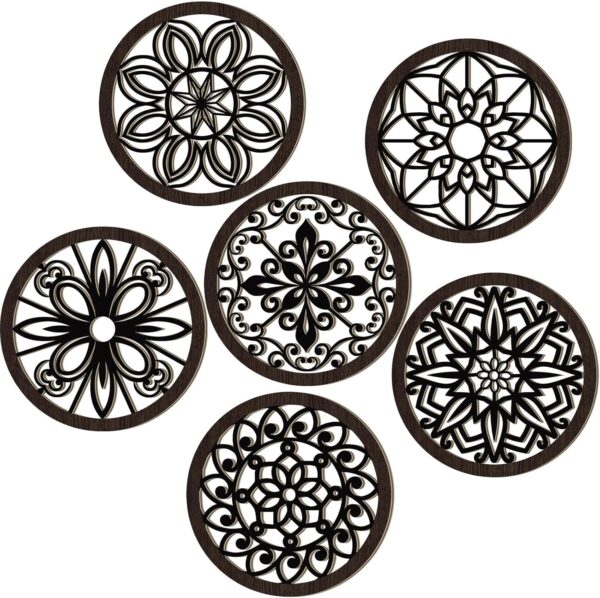Ferraycle 6 Pieces Thicken Rustic Wall Decor Farmhouse Wall Art Decor Wooden Round Wall Art Rustic Hollow Carved Wall Art for Living Room Bedroom Kitchen Decor Small Size 9.8" x 9.8" (Black Brown)