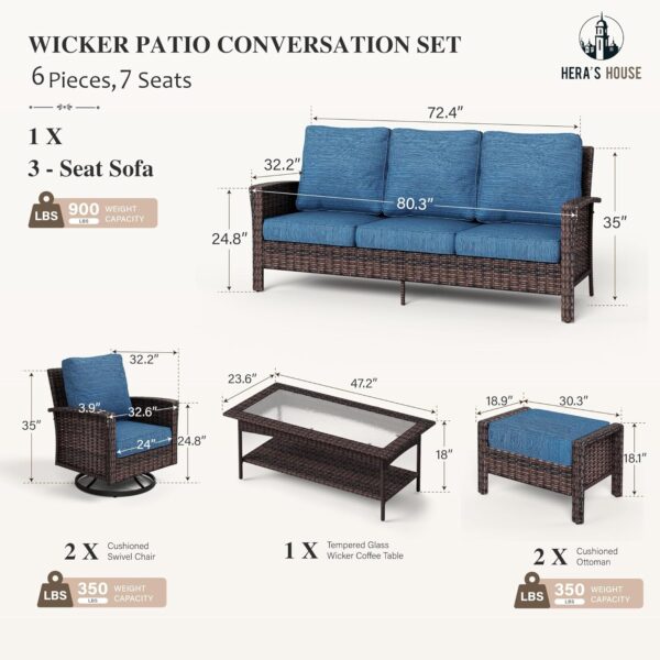 HERA'S HOUSE 6-Piece Wicker Patio Furniture Sets with High Back Swivel Chair, Oversized Outdoor Sectional Conversation Set for Garden Backyard, Navy Blue - Image 2