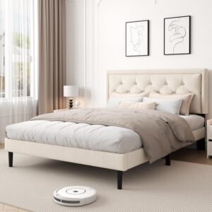 Queen Size Platform Bed Frame with Upholstered Velvet Button Tufted Headboard, Mattress Foundation with Wooden Slat Support, No Box Spring Needed, Easy Assembly, Noise Free, Beige