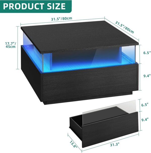 YITAHOME Coffee Table, Coffee Tables for Living Room with Storage, Square Coffee Table with 2 Sliding Drawers, Modern Coffee Table with LED Light, Acrylic Wood Center Table, Black - Image 2