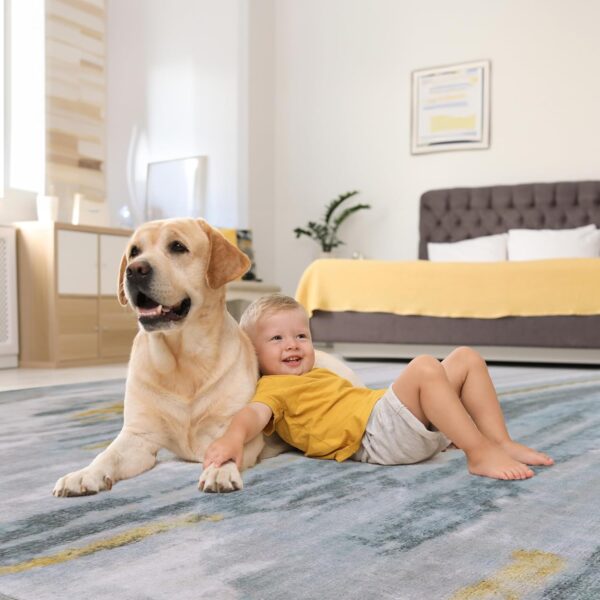 Modern Abstract Area Rug - 5x7 Area Rug Carpet, Non-Slip Non-Shedding Washable Rugs for Living Room and Bedroom, Smoke Navy & Yellow, 5' x 7' - Image 6