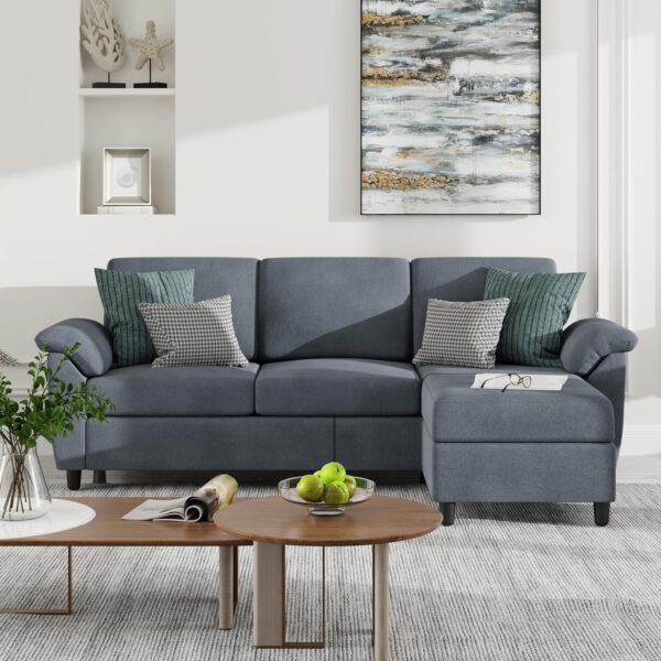 Vongrasig 79" Convertible Sectional Sofa Couch, 3 Seat L Shaped Sofa with Removable Pillows Linen Fabric Small Couch Mid Century for Living Room, Apartment and Office (Gray) - Image 3