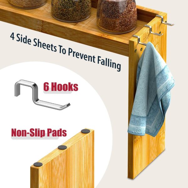 IIIOIIIA Bamboo Over the Stove Spice Shelf for Kitchen, 31.5" Spice Rack Organizer Shelf with 6 hooks, 11.4" Height Extra Storage Countertop, Easy to Assemble - Image 5