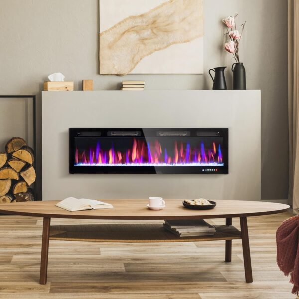 HOMCOM 60" Electric Fireplace Recessed and Wall Mounted with Remote, 750W/ 1500W Ultra-Thin Fireplace Heater and Linear Fireplace with Timer, Adjustable Flame Effect, Crystal, Black - Image 2