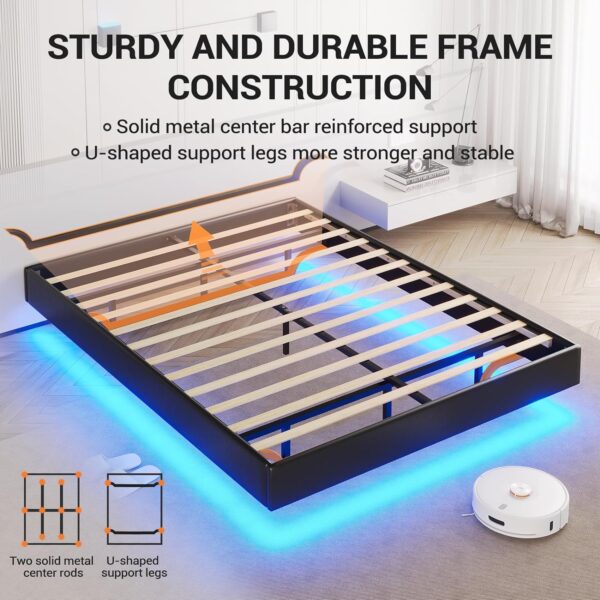 DICTAC Floating Queen Bed Frame with LED Lights Modern Upholstered Platform Bed Frame Queen Size no Headboard Faux Leather Queen Led Visual Floating Bed,No Box Spring Needed, Easy to Assemble,Black - Image 6