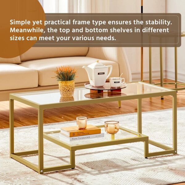 Yaheetech Gold Coffee Table, 42" Rectangular Glass Coffee Table for Living Room, 2-Tier Center Tea Table with Metal Frame for Small Space, Apartment, Office - Image 5