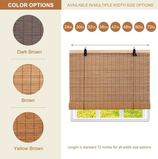 Bamboo Roller Blinds Bamboo Shades Roll Up Light Filtering Window Curtains for Interior Home Patio Porch Brown 72''W X 72''H - Image 3