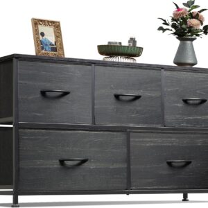 WLIVE Dresser for Bedroom with 5 Drawers, Wide Chest of Drawers, Fabric Dresser, Storage Organizer Unit with Fabric Bins for Closet, Living Room, Hallway, Charcoal Black Wood Grain Print