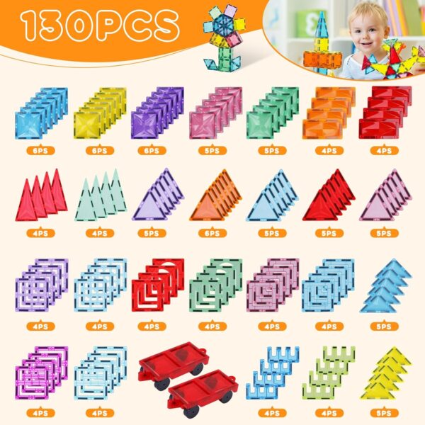 Magnetic Tiles, 130PCS Magnetic Blocks Set with 2 Cars, 4D Diamond Magnet Building Blocks, STEM Preschool Educational Magnet Toys Gift for Kids, Boys and Girls 3 4 5 6 7 8+ Year Old - Image 5