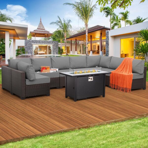 Valita 9-Piece Patio Rattan Furniture Set with Gas Fire Pit Table Outdoor Sectional Conversation Couch Brown PE Wicker Sofa with Washable Gray Cushions
