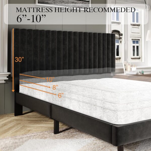 Full Size Bed Frame with Velvet Upholstered Headboard, Platform Bed with Strong Wood Slats, Mattress Foundation, Box Spring Optional, Easy Assembly, Black - Image 7