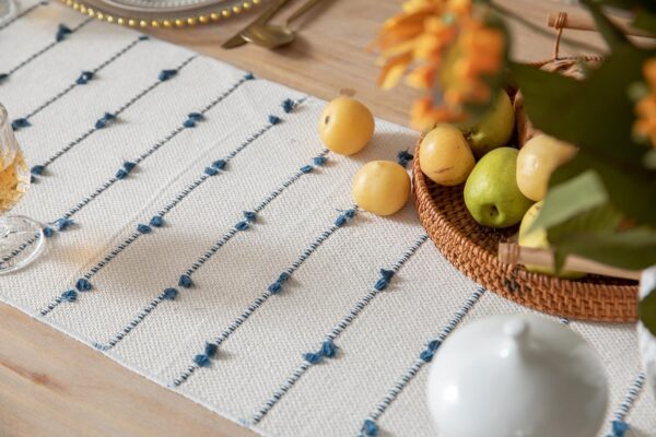 Caflife Boho Table Runner 108 Inchs Long for Modern Farmhouse Room Home Decor, Blue and Beige Coffee Table Runner, Natural Cotton Woven with Tassels Neutral, for Kitchen Dining Table Decor - Image 5