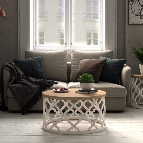 Rustic Farmhouse Coffee Table, Distressed Wood Top Table with Curved Motif Frame Base for Boho, French Country Decor, Round - Image 4