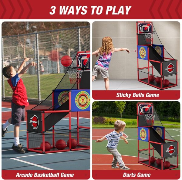 2 in 1 Basketball Arcade Game with 2 Dart Boards/Electronic Scoreboard/LED Light, Single Shot Kids Basketball Hoop for Home Indoor Outdoor, Sport Toys Gifts for Boys Girls Ages 3-12 Years Old - Image 2