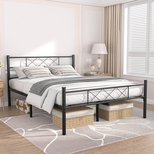 VECELO Full Size Bed Frame with Headboard, Heavy-Duty Platform/Mattress Foundation with Metal Slats Support, No Box Spring Needed/Easy Assembly, Matte Black - Image 3