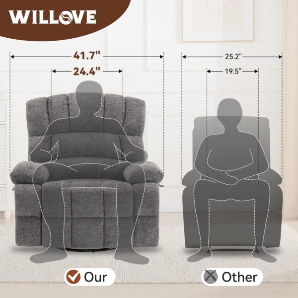 WILLOVE Swivel Recliner Chair, 360° Oversized Rocker Recliner Chair, Manual Lazy Boy Recliner Chair Nusery Glider, Extra Wide Rocking Recliner Chairs for Adults Single Sofa Grey - Image 3