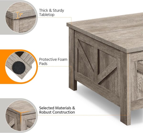 Yaheetech Lift Top Coffee Table, Square Farmhouse Coffee Table with Hidden Storage Compartment, Wood Center Table for Living Room, Home Office, Gray - Image 7