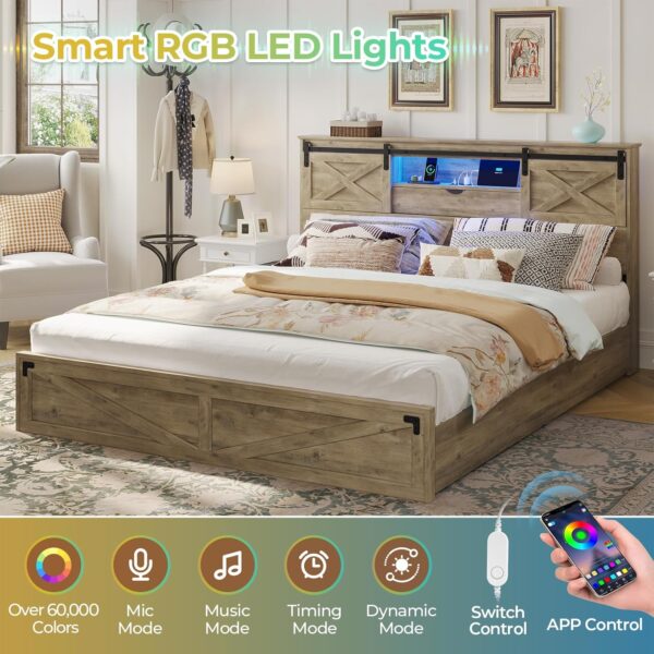 Hasuit Farmhouse Bed Frame California King Size with LED Lights and Charging Station, Wooden Cal King Bed with 2 Storage Drawers, Rustic Headboard with Sliding Barn Door Storage Cabinets, Rustic Oak - Image 3