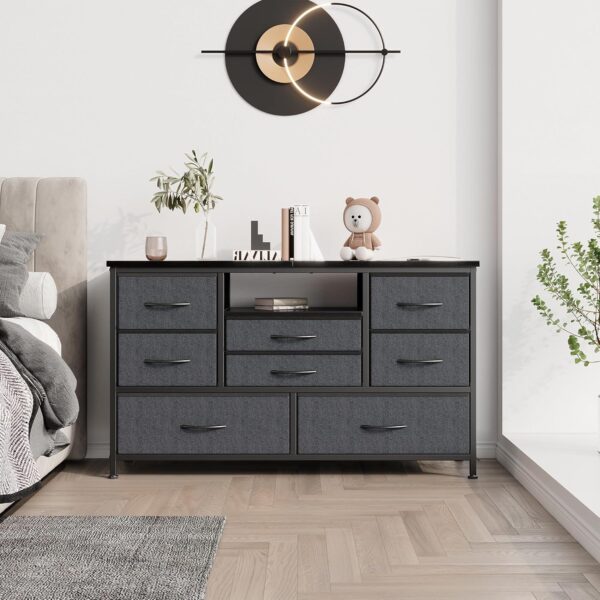 Jojoka 8 Dresser TV Stand with Power Outlet & LED for 55'' TV, Long Dresser for Bedroom with 8 Deep Drawers, Wide Console Table for Storage in Closet, Living Room, Entryway, Wood Top (Grey) - Image 2