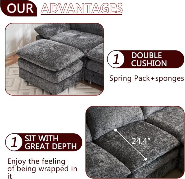 101.6" Small Modular sectional Sofa,Living Room Comfort Cloud Couch sectional, Modern Dark 3-Seater Cloud Sofa，Modular Sofa with Ottoman，Comfortable upholstered Furniture. for Apartment Office(Gray) - Image 5