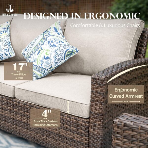 HERA'S HOUSE Wicker Patio Furniture Set with Swivel Rocker Glide Chairs, Outdoor Conversation Sectional Set with Ottomans for Backyard Deck Porch, Beige - Image 6