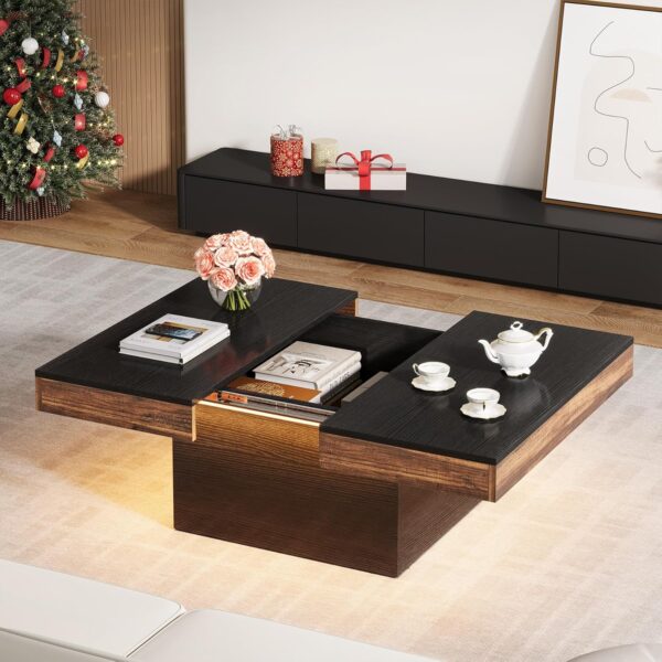 Coffee Table, Square LED Coffee Table, High Glossy Coffee Table with Storage, Farmhouse Coffee Table Low Coffee Table Engineered Wood Coffee Table for Living Room - Image 4