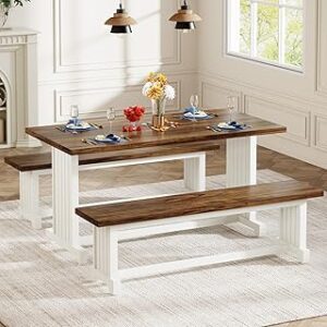 Tribesigns 47" Dining Table Set for 4-6, 3-Piece Kitchen Room Table with 2 Benches, Farmhouse Wood Dinner Table for Small Space, Home Kitchen, White & Rustic Brown