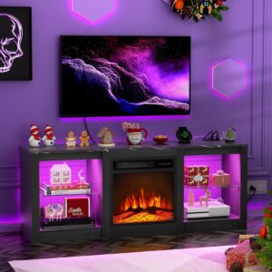 BREEZEHEAT 58inch Electric Fireplace TV Stand for 65'' TV-Entertainment Center with 18'' Fireplace and Led Light-TV Console with Glass Shelves, Power Outlets, Remote Control (Black Marble)