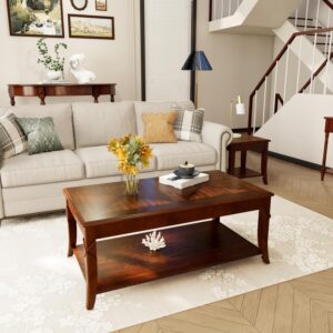 MODERION Solid Wood Coffee Table with Storage Shelf, Mid-Century Living Room Table with Wood Carved Tabletop and Leg, 43.3” Splicing Cocktail Center Table,Easy Assembly, Cherry Brown KFZ-DR200