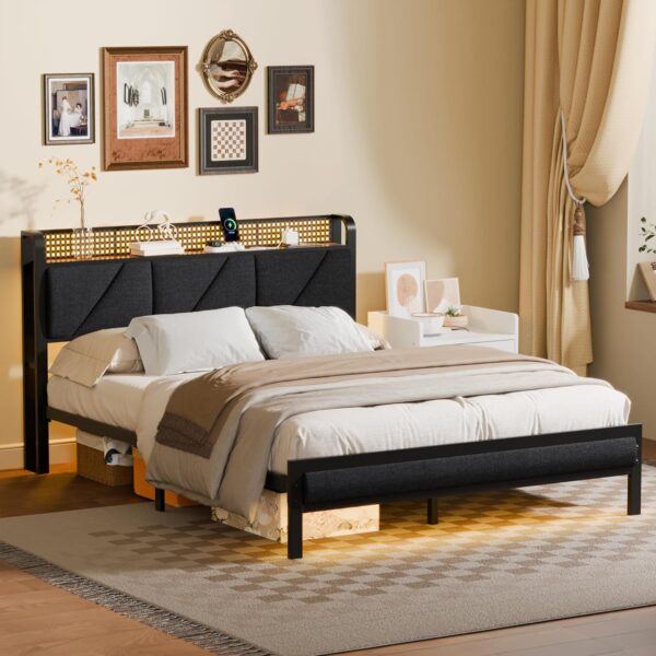 Furnulem Queen Size Bed Frame with Headboard and LED Lights,Upholstered Bedframe with Charging Station and USB Port, Platform Metal Bed Frame,No Box Spring Needed, Noise Free - Image 5
