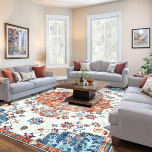 Area Rug 6x9 Living Room Rugs - Large Washable Vintage Floral Boho Area Rug Non-Slip Bedroom Rug Soft Low-Pile Oriental Indoor Carpet for Dining Room Office Nursery (OrangeNavy, 6'x9')