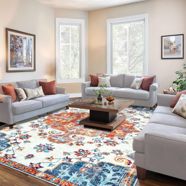 Area Rug 6x9 Living Room Rugs - Large Washable Vintage Floral Boho Area Rug Non-Slip Bedroom Rug Soft Low-Pile Oriental Indoor Carpet for Dining Room Office Nursery (OrangeNavy, 6'x9')