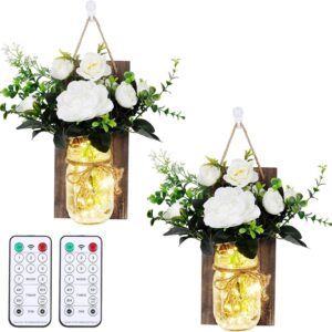 Anpro Mason Jars sconces with Lights,Decorative Mason Jar Wall Decor,Rustic Wall Sconces with 6-Hour Timer LED Fairy Lights and Flowers (2 Pack) Iron Hooks for Christmas,Halloween Decorations