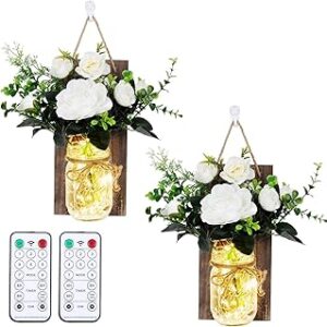Anpro Mason Jars sconces with Lights,Decorative Mason Jar Wall Decor,Rustic Wall Sconces with 6-Hour Timer LED Fairy Lights and Flowers (2 Pack) Iron Hooks for Christmas,Halloween Decorations