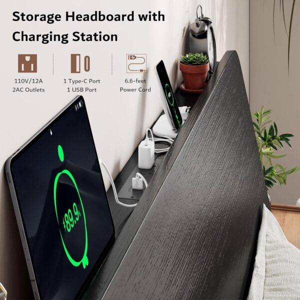 iPormis Queen Metal Bed Frame with LED Lights & Charging Station, Platform Bed with Ergonomic Storage Headboard, Steel Slats Supports, No Box Spring Needed, Noise-Free, Easy Assembly, Black - Image 4