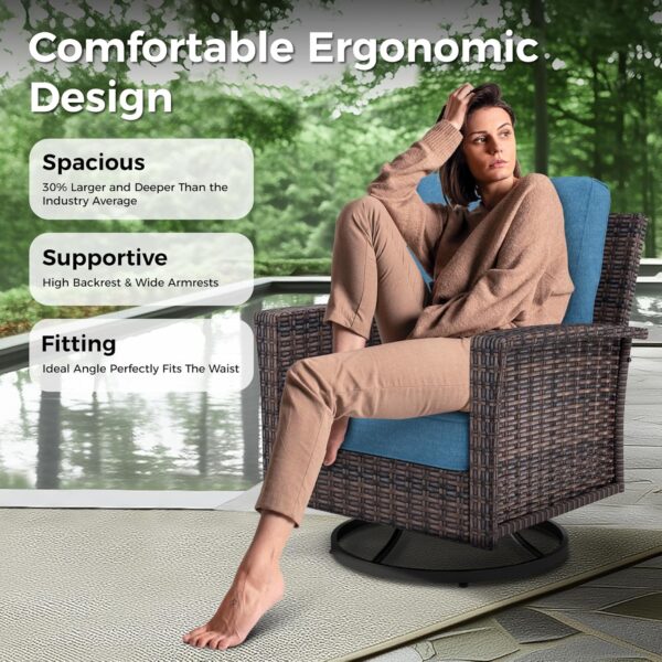 5-Piece Patio Furniture Set, Oversized Outdoor Wicker Sofa with High Back Swivel Chairs and Comfy Ottoman, Sectional Rattan Outdoor Conversation Set for Poolside Backyard Deck, Blue - Image 3