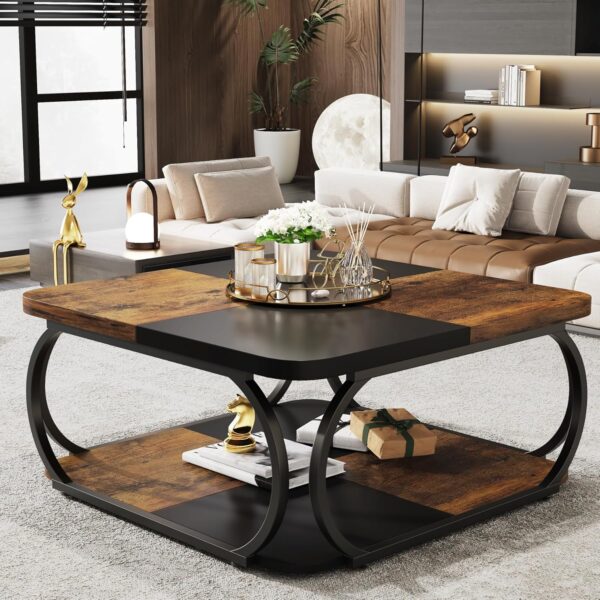Tribesigns Square Coffee Table with 2 Tiers, 40 inches Low Farmhouse Coffee Table with Wood Storage Shelf Heavy Duty Metal Curved Frame for Modern Living Room, Black Rustic Brown - Image 6