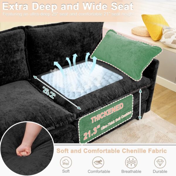 SAMERY Sectional Sofa Cloud Couch, 113" Big Comfy Couch L Shape Sofa Couch for Living Room Extra Deep Seat Sofa Couch Chenille Sofa Sleeper with Ottoman/Pillows, Black 3 Seat Sofa Cloud Couch - Image 5
