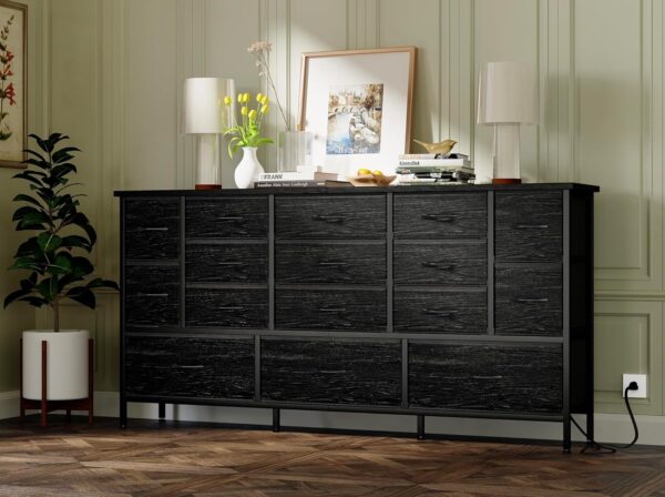 Fixwal 63.3 Inch Large Black Dresser for Bedroom, 16 Drawer Dresser, Long TV Stand for 55, 65, 70 Inch TV with Power Outlets, Fabric Chest of Drawers for Bedroom, Living Room, Entryway, Black - Image 5