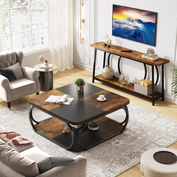 Tribesigns Square Coffee Table with 2 Tiers, 40 inches Low Farmhouse Coffee Table with Wood Storage Shelf Heavy Duty Metal Curved Frame for Modern Living Room, Black Rustic Brown - Image 7