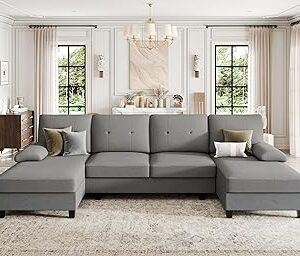 SUNLEI 106" Sectional Sofa Couches for Living Room, 4 Seat U-Shaped Sofa Couch with Linen Fabric and Double Chaises, Modern Living Room Furniture Sets for Apartment, Light Grey