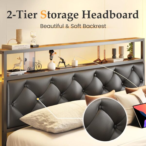 HISOFT Floating Queen Bed Frame with 2-Tier Storage Headboard, Metal Queen Bed Frame with Charging Station & LED, Faux Leather, No Box Spring Needed, Noise Free, Easy to Assemble, Black Diamond - Image 7