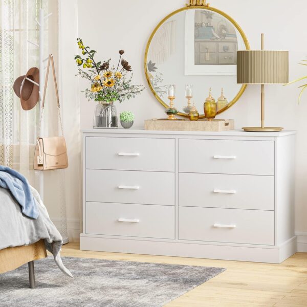 Hasuit 6 Drawer Double Dresser, Wooden Wide Chest of 6 Drawers, Large Capacity Storage Cabinet, White Dresser for Bedroom, Hallway, Entryway (White) - Image 3