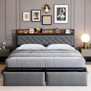 King Size Metal Platform Bed Frame, Headboard and 2 Drawers, with Led Lights, USB Interfaces and Sockets, Mute Design, No Box Spring Needed, Grey