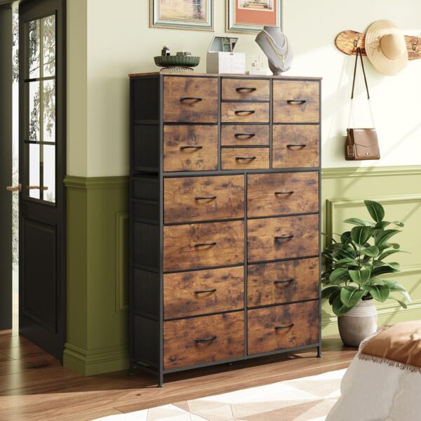 WLIVE Tall Dresser for Bedroom, Fabric Dresser Storage Tower with 16 Drawers, Chest of Drawers Organizer Unit, Storage Cabinet, Hallway, Closets, Steel Frame, Rustic Brown Wood Grain Print - Image 4