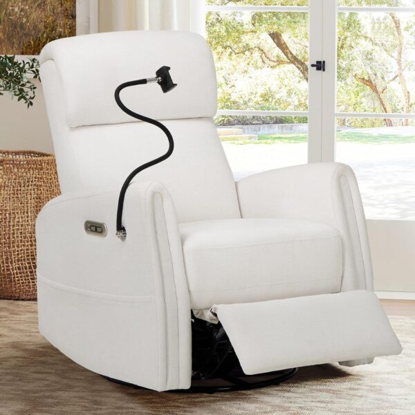COLAMY Power Swivel Glider Recliner Chair, Nursery Rocking Chair, Living Room Chair, 270° Swivel 145° Recliner Chair with Built-in Charging Ports for Living Room, Apartment, Home, White - Image 3