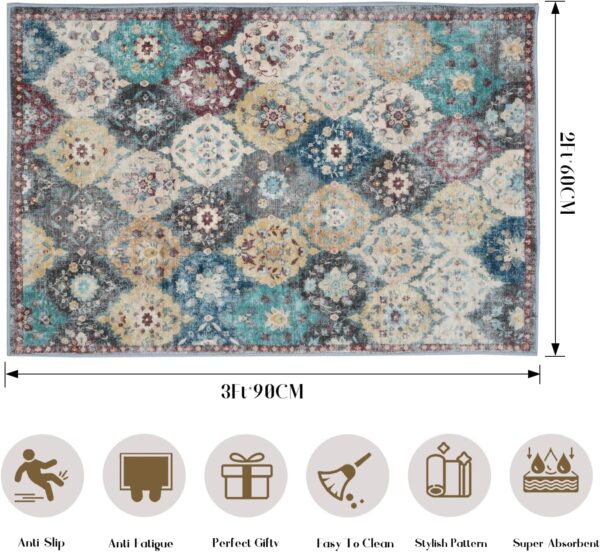 Boho Area Rug - 5'x7' Area Rugs Vintage Design for Living Room Faux Wool Non-Slip Washable Low-Pile Floor Carpet, Washable Low-Pile Floor Carpet for Living Room Bedroom, Home Decor Office - Image 2